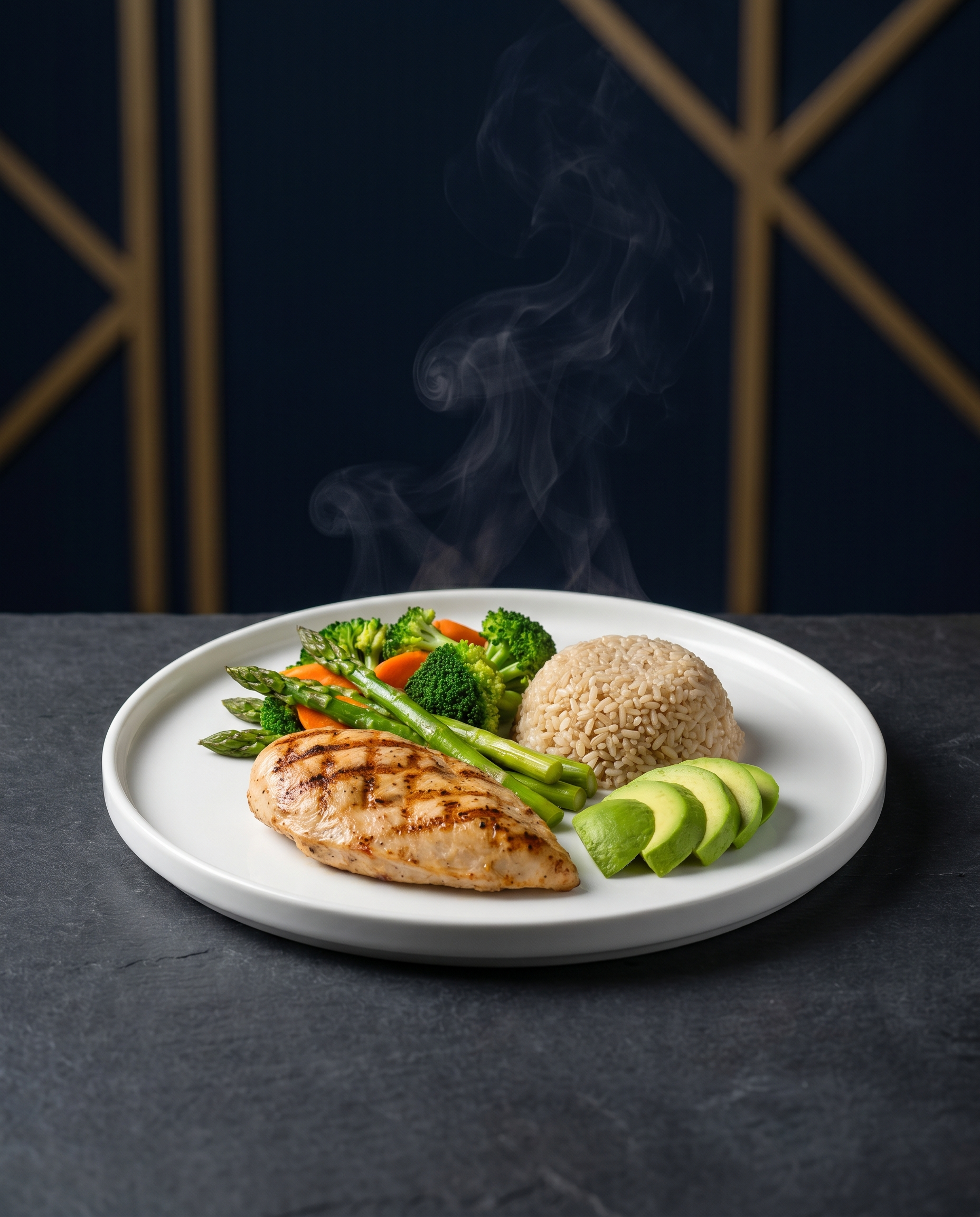 Fresh fight-camp meal of grilled chicken, rice, greens and avocado